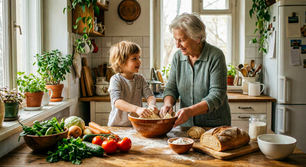 Senior woman and little boy prepare dough together on wooden counter with fresh vegetables in foreground.