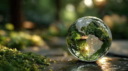 A crystal ball with the outlines of the continents on moss in a forest illuminated by sunlight