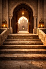 Obraz premium Grand stone stairs leading to an open mosque entrance illuminated by warm lanterns at sunset