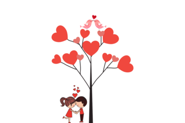A funny cartoon illustration of a romantic couple of lovers holding a red heart balloon and a rose gift to celebrate Valentine's Day holiday with a wedding symbol and a bear under a love tree