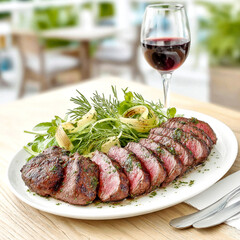 Sliced medium rare picanha steak with chimichurri sauce and fresh green salad served on a white plate with red wine.