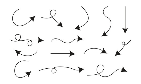 Arrow set.Chalk elements in flat style. Doodle movement spiral arrows, scribble, lines