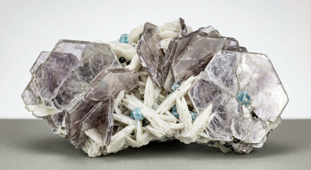 A collectible geological specimen of pale lilac plate shaped lepidolite crystals associated with white bladed cleavelandite feldspar in a lithium pegmatite.