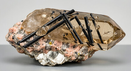 Smoky quartz crystal containing needle-like black tourmaline schorl inclusions known as cupids arrows.