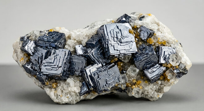 Stepped galena crystals with cubic structure and metallic luster on white druzy quartz.