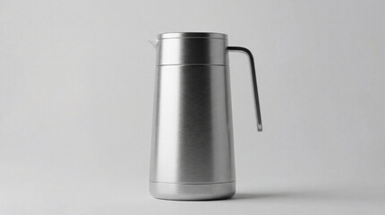 Modern brushed stainless steel thermal pitcher. Minimalist silver carafe for hot and cold beverages. Sleek kitchenware design with copy space
