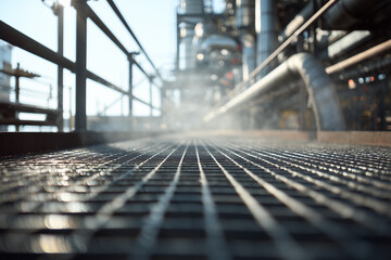 Grid catwalk seen inside a large refinery with blurred railing and slightly unfocused background