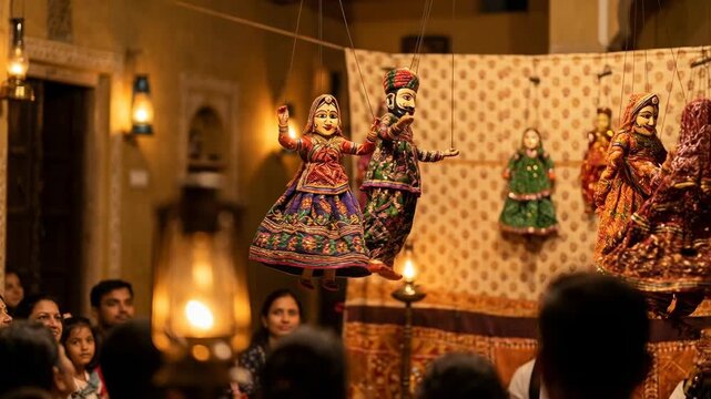 Puppet show in a traditional cultural display, revealing the beauty of storytelling and artistic craftsmanship. Capturing the spirit of folk traditions.