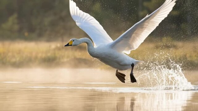 A majestic swan takes flight, wings gracefully outstretched, gliding above the tranquil waters, its form a dance of nature. 