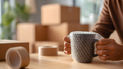 Hands packaging fragile mug with bubble wrap for shipping