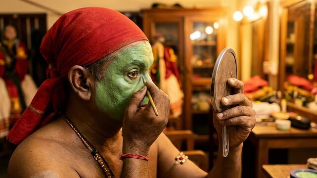 A detailed close-up of a cultural performer applies vibrant makeup in a room, capturing a moment of artistic transformation.