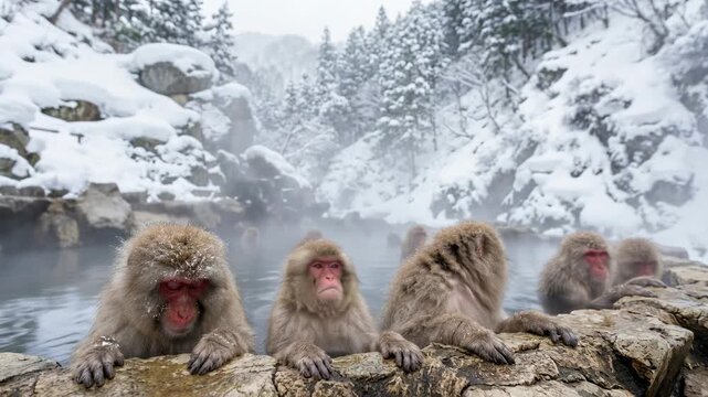Japanese Macaques enjoy relaxing in the onsen pool, with the steam from the hot water rising in the cold atmosphere. A breathtaking view of the interaction of wildlife and environment.