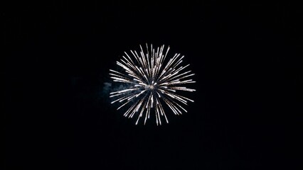 Single firework burst glowing in night sky, Independence Day USA words + concept
