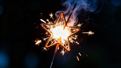Sparkler star glowing in dark night background, Independence Day USA words + concept
