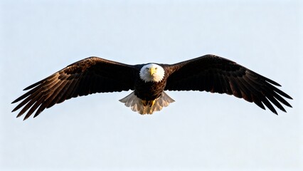 Bald eagle flying with wings spread against sky, Independence Day USA words + concept
