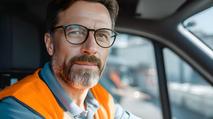 Professional man driving a commercial delivery van