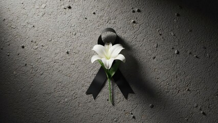 Mourning symbol with white lily and black ribbon on gray wall for Day of Remembrance and Respect to Victims of the Communist Regime