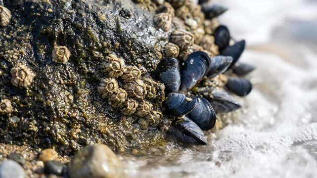 A weathered stone hosts a thriving ecosystem of barnacles and mussels, exposed to the elements at the coast. The close-up shot captures intricate textures and a microcosm of marine life.