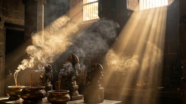 The temple's interior is bathed in a mystical atmosphere, with shafts of light streaming through a window, illuminating wisps of smoke and traditional elements.