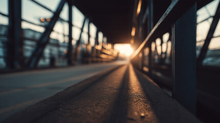 Industrial walkway leads to a sunset using heavy steel beams and a blurred railing with light in the background during late afternoon hours