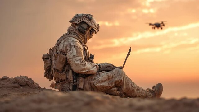 Soldier using a tablet while a drone flies overhead at sunset in a desert area