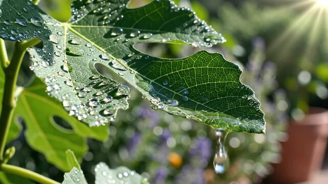 Morning Dew Sparkles On Fig Leaf, Freshness Of Nature, Plant Growth, Clean Environment