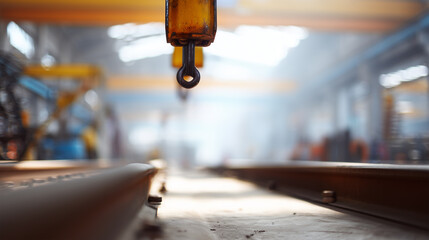 Crane tracks cross at angles with blurred metal beam and focus on crane hook in a factory setting during daytime operations