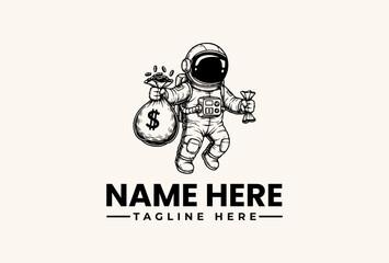 Black and white illustration of an astronaut holding a money bag and trophy with a placeholder text for a logo on a beige background. © vectorvovdesign