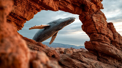 Surreal scene of a breaching whale framed by a natural rock arch against a backdrop of distant mountains and a cloudy sky.