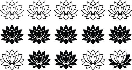 Lotus flower icon set, black vector graphics, petal shading variations, nature theme, decorative design, floral motif illustrations © Sopon Creatives