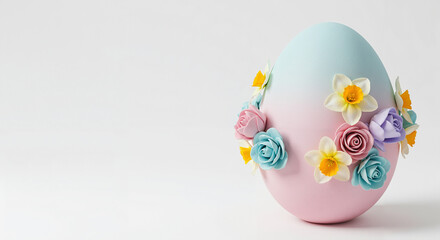 Pastel Easter egg decorated with flowers on white background, copy space  