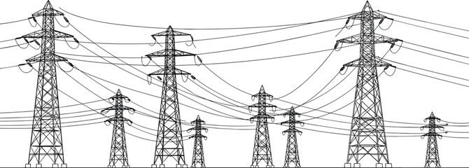 Black and white line drawing of multiple electricity pylons and power lines transmission towers high voltage