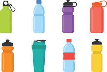 Water bottle icon set, colorful vector illustrations, hydration container designs, sports and travel theme, lifestyle graphics, drinkware collection © Sopon Creatives