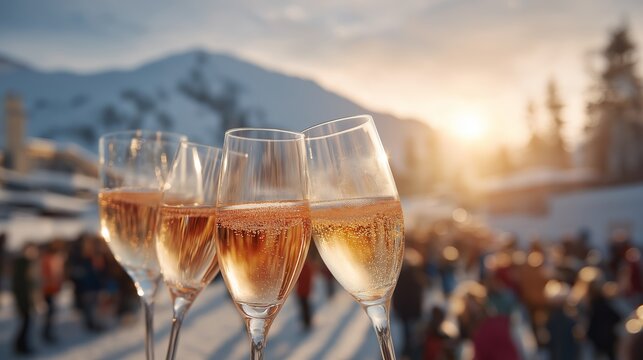 Group of people clinking champagne glasses during apres ski at snowy mountain sunset celebrating winter vacation lifestyle friendship and alpine joy, Generative AI
