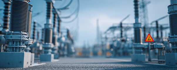 Rows of transformers in a substation with blurred wire coil in foreground at daytime