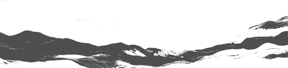 Stylized minimalist mountain range silhouette rendered in dark gray brush strokes against a bright white sky evoking a serene and artistic landscape