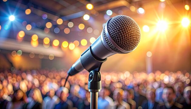 Close-up microphone on stage in a concert hall or conference room. Cinematic lighting, soft bokeh, and shallow depth of field create a professional event and presentation atmosphere.