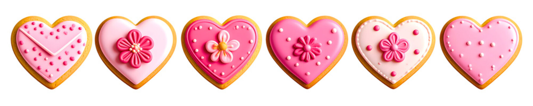 Collection set of Heart-Shaped Cookies with Pink and White Icing, isolated on transparent background for valentine's day
