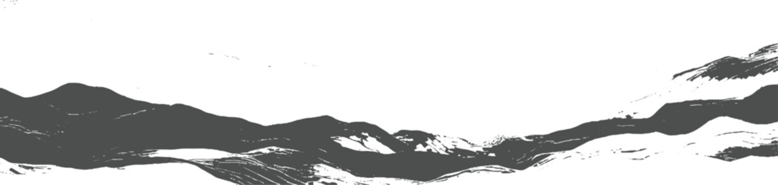 Stylized minimalist mountain range silhouette rendered in dark gray brush strokes against a bright white sky evoking a serene and artistic landscape