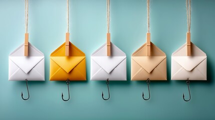 Minimal concept of colorful envelopes hanging on hooks symbolizing communication choices messaging options and decision making in modern business correspondence, Generative AI