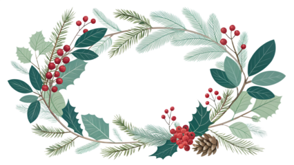 Christmas Winter Greenery Wreath Holly Berries Eucalyptus Illustration christmas, winter, wreath, holiday, greenery, holly, berries, eucalyptus, pine, fir, spruce, mistletoe, red, berries, leaves