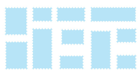 Blue postage stamps set. Post stamp frames and borders. Rectangle, square template for mail, postcard, letter, note. Vector zigzag objects for badge.