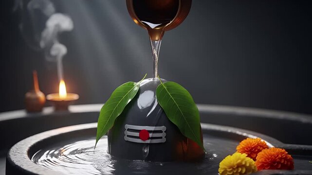 Shiva Lingam Decorated with Garlands and Marigold Flowers 