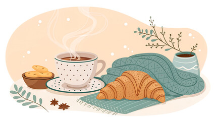 Cozy Winter Morning Coffee Croissant Blanket Aesthetic cozy, winter, morning, coffee, croissant, blanket, aesthetic, warm, hygge, breakfast, tea, muffin, spices, cinnamon, autumn, relax, comfort