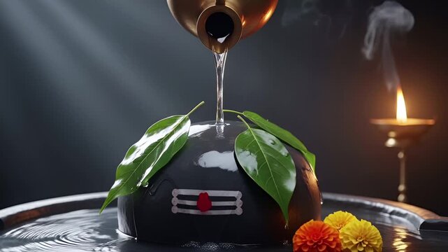 Shiva Lingam Decorated with Garlands and Marigold Flowers 