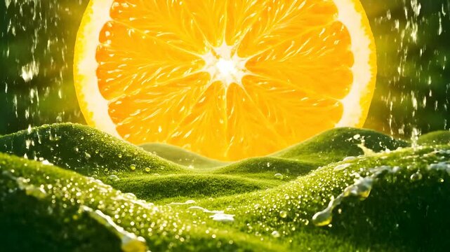 A vibrant and refreshing scene with a glowing orange slice illuminating a dewy green landscape, symbolizing natural vitality and healthy refreshment