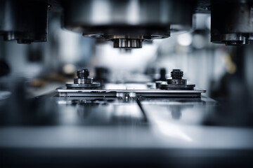 Metal stamping unit shows blurred sheet edge and indicators in a workshop environment during daytime operation