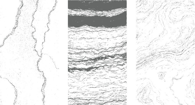 Abstract textured patterns featuring wavy lines and contour-like forms in monochrome style for and artistic backgrounds