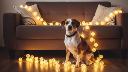 Fototapeta na wymiar Adorable dog sitting on cozy living room floor with warm string lights for Doggy Date Night