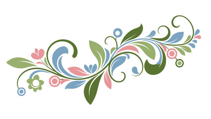 Gentle Pastel Floral Scroll Ornament with Green Leaves and Pink-Blue Flowers on Isolated White Background